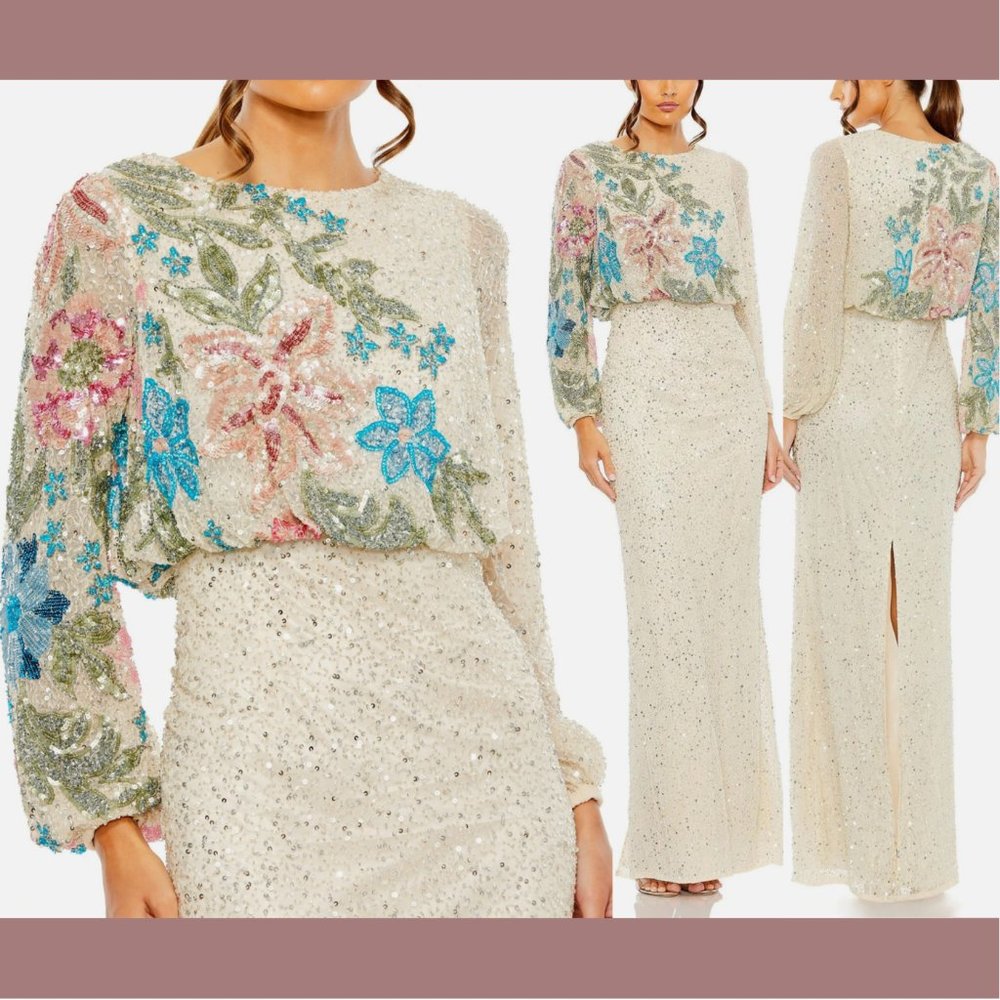 NWT $598 Mac Duggal [ 8 ] Embellished Multicolor‎ Floral High Neck Gown Nude